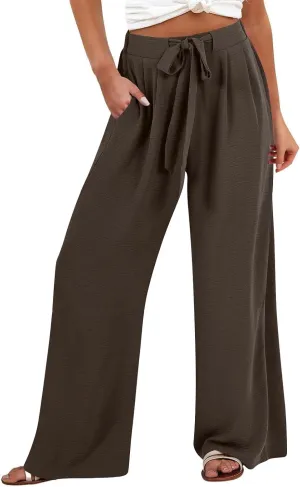 Cotton Linen Pants Women,Summer Wide Leg Palazzo Pants,Casual High Waist Tie Knot Flowy Trousers,Loose Beach Vacation Outfits