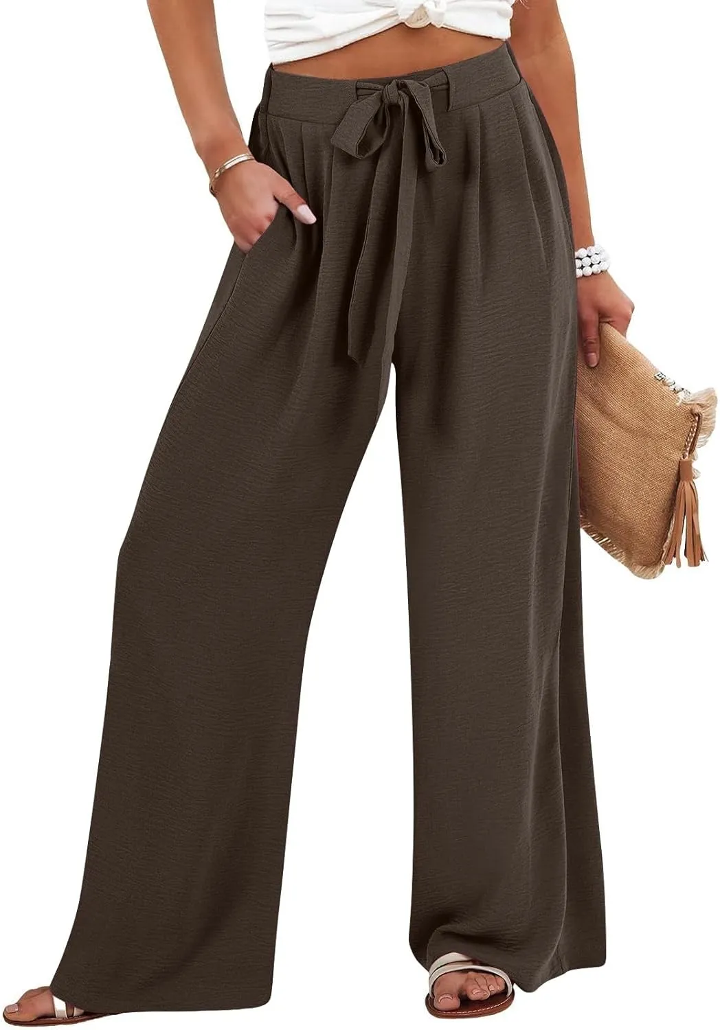 Cotton Linen Pants Women,Summer Wide Leg Palazzo Pants,Casual High Waist Tie Knot Flowy Trousers,Loose Beach Vacation Outfits