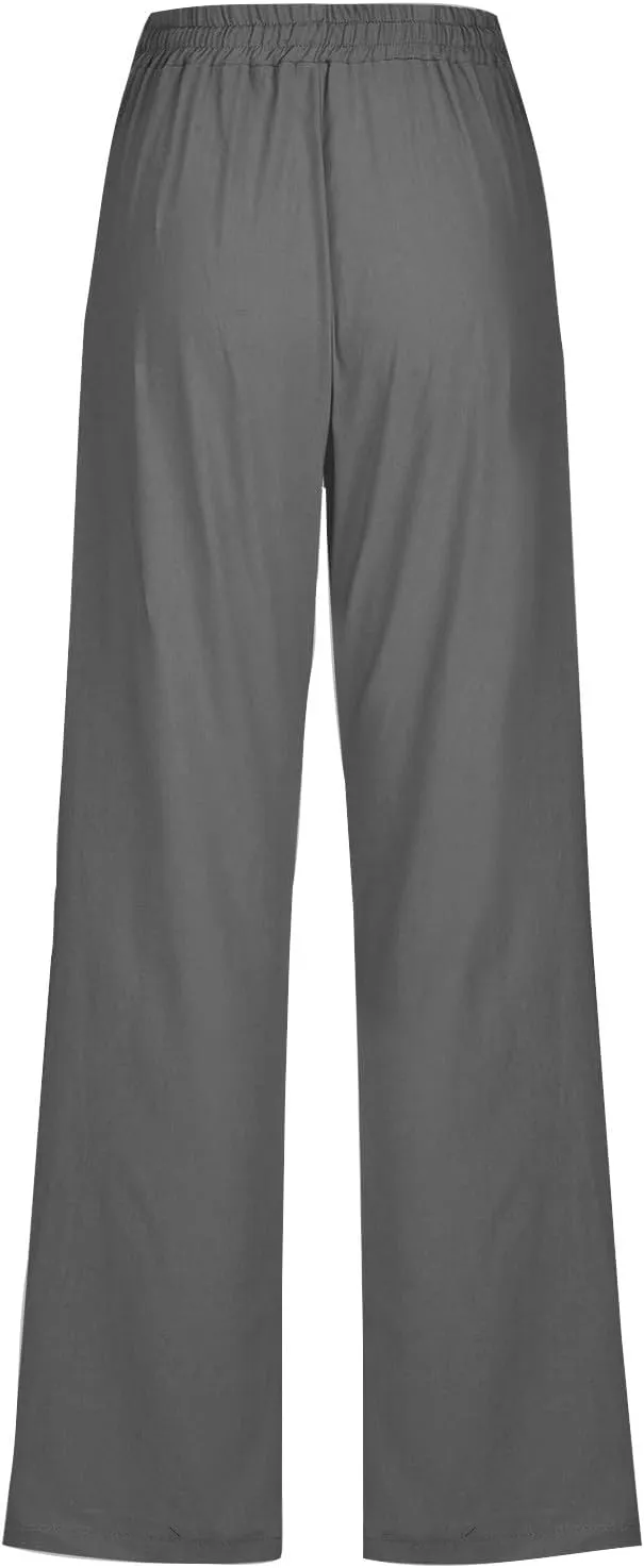 Cotton Linen Straight Leg Pants for Women Summer Casual High Waist Drawstring Trousers Loose Fit Solid Loungr Pants