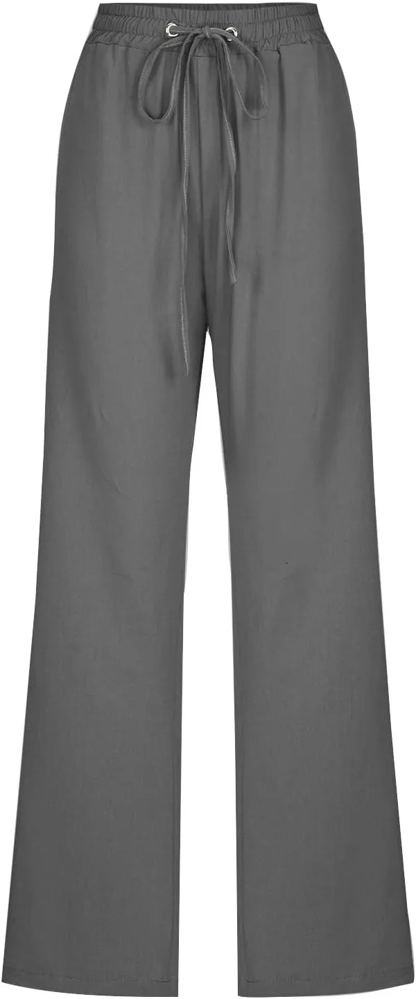 Cotton Linen Straight Leg Pants for Women Summer Casual High Waist Drawstring Trousers Loose Fit Solid Loungr Pants