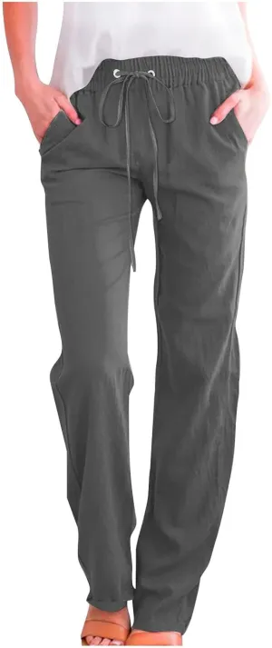 Cotton Linen Straight Leg Pants for Women Summer Casual High Waist Drawstring Trousers Loose Fit Solid Loungr Pants