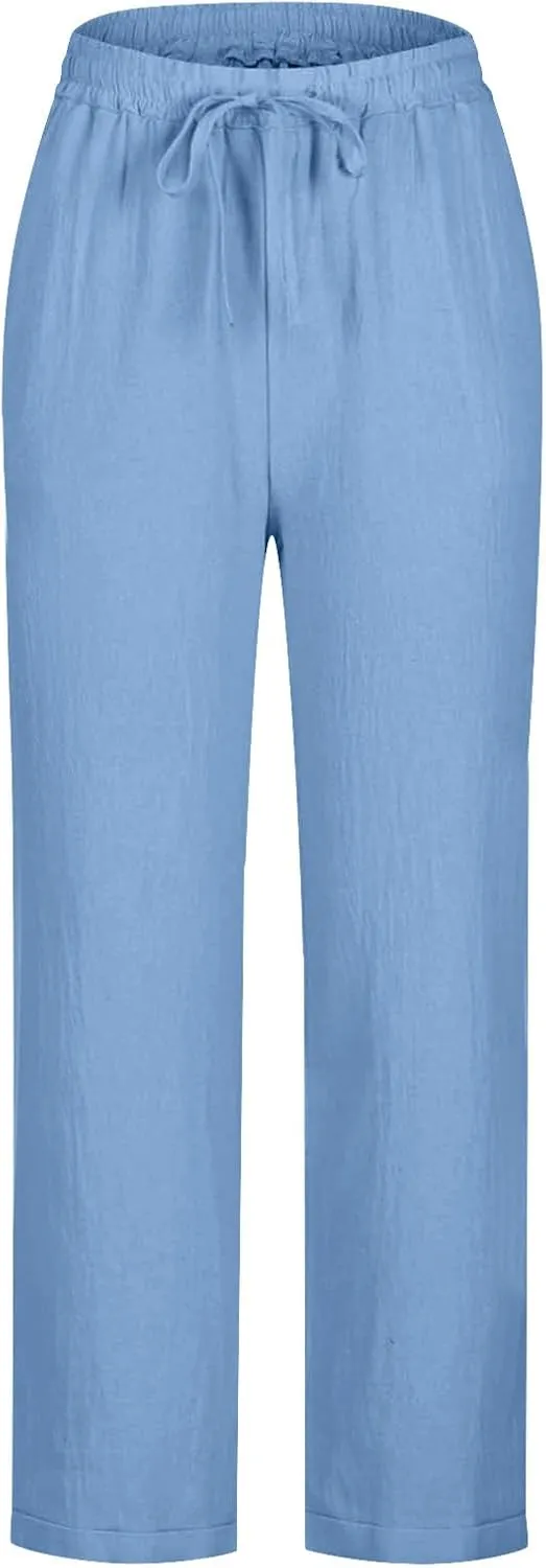 Cotton Linen Straight Leg Pants Women Summer Loose Fit Drawstring Elastic Waist Trouser Resort Casual Beach Pant Plus
