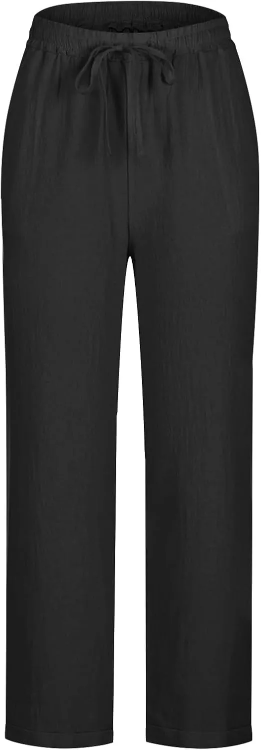 Cotton Linen Straight Leg Pants Women Summer Loose Fit Drawstring Elastic Waist Trouser Resort Casual Beach Pant Plus