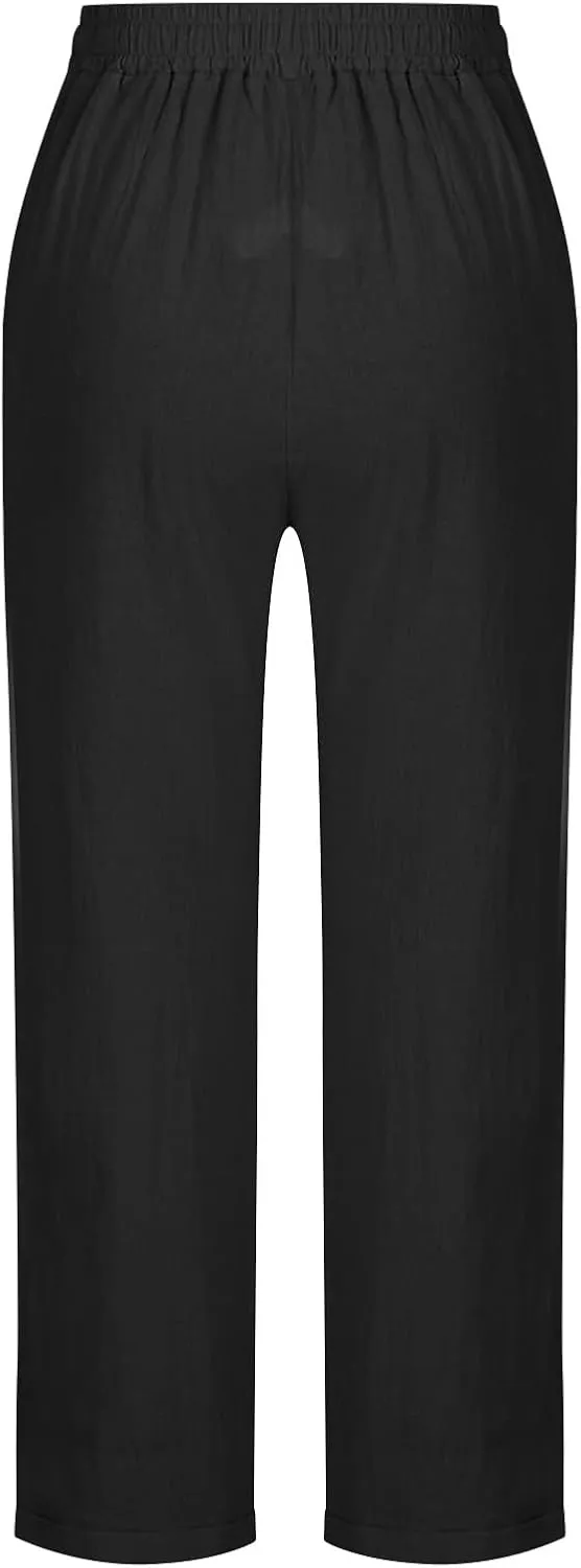 Cotton Linen Straight Leg Pants Women Summer Loose Fit Drawstring Elastic Waist Trouser Resort Casual Beach Pant Plus