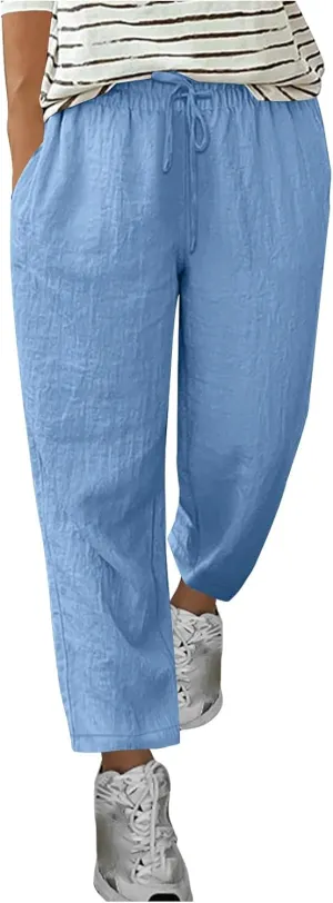 Cotton Linen Straight Leg Pants Women Summer Loose Fit Drawstring Elastic Waist Trouser Resort Casual Beach Pant Plus