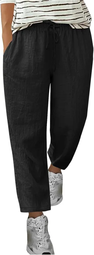 Cotton Linen Straight Leg Pants Women Summer Loose Fit Drawstring Elastic Waist Trouser Resort Casual Beach Pant Plus