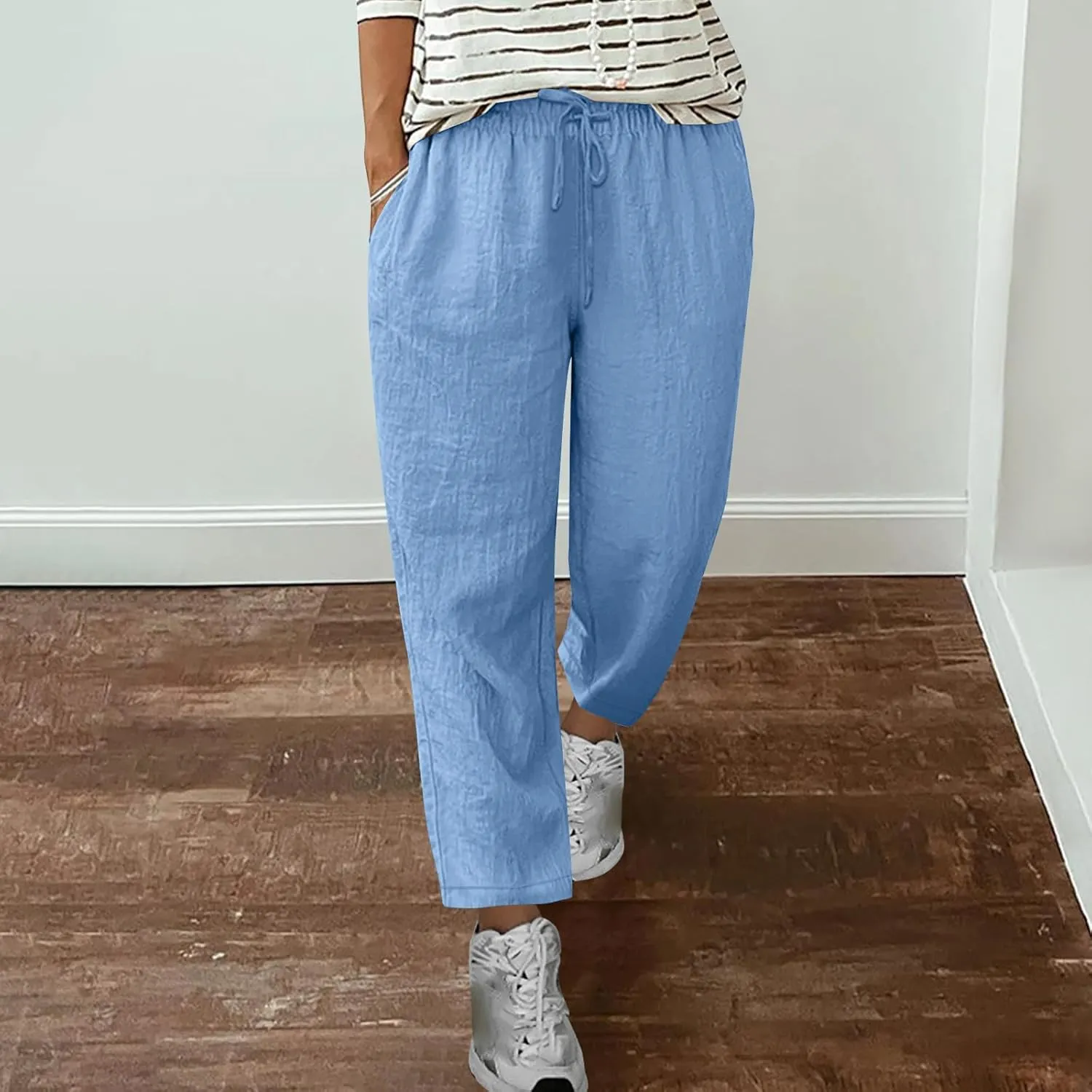 Cotton Linen Straight Leg Pants Women Summer Loose Fit Drawstring Elastic Waist Trouser Resort Casual Beach Pant Plus