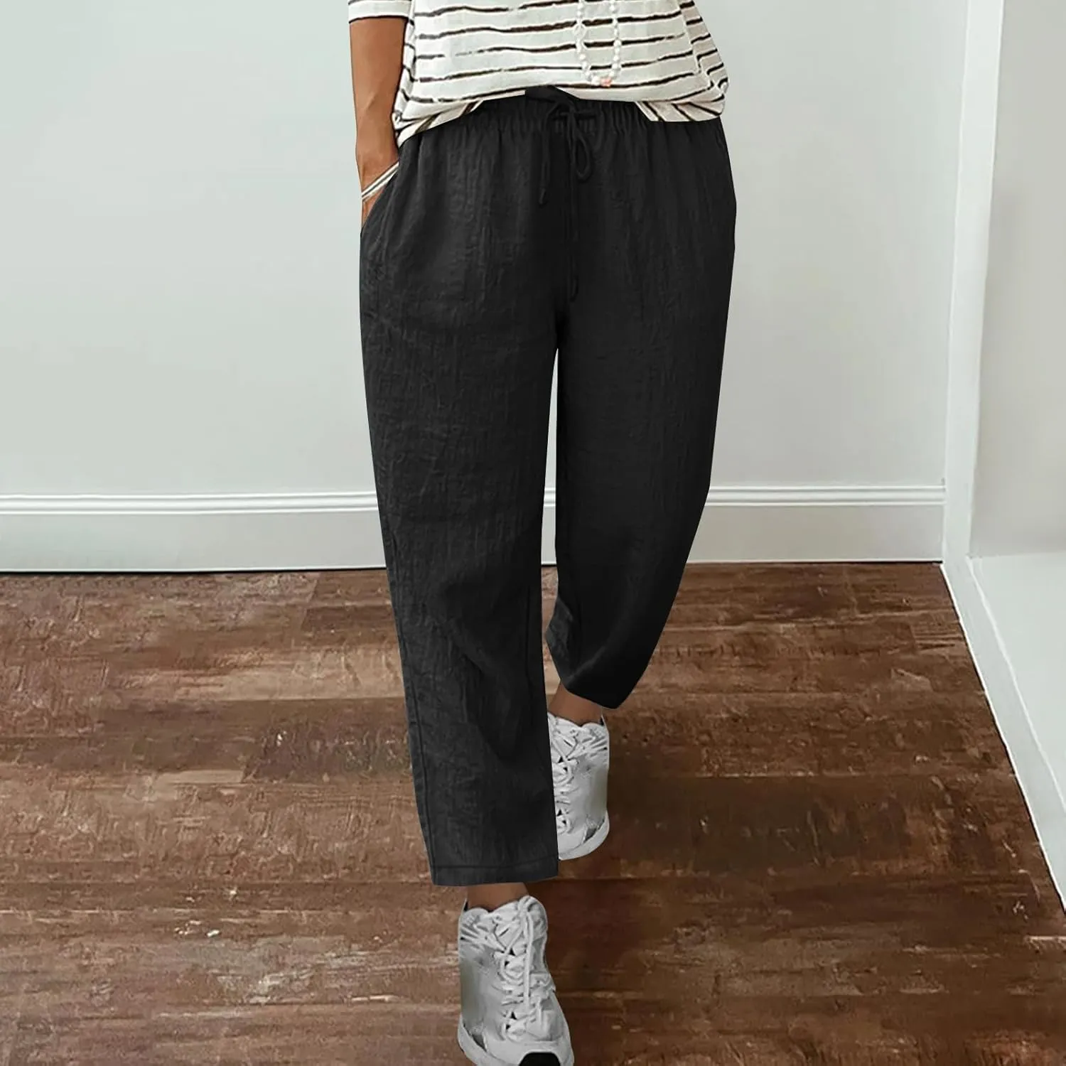 Cotton Linen Straight Leg Pants Women Summer Loose Fit Drawstring Elastic Waist Trouser Resort Casual Beach Pant Plus