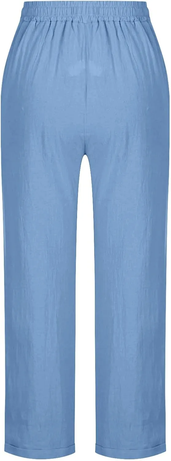Cotton Linen Straight Leg Pants Women Summer Loose Fit Drawstring Elastic Waist Trouser Resort Casual Beach Pant Plus