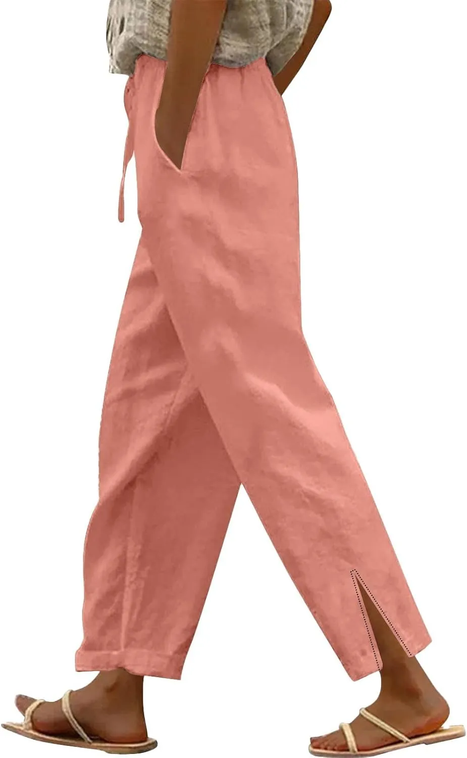 Cotton Linen Women Casual Lightweight Drawstring Elastic Waist Pants with Pockets Straight Long Leg Lounge Summer