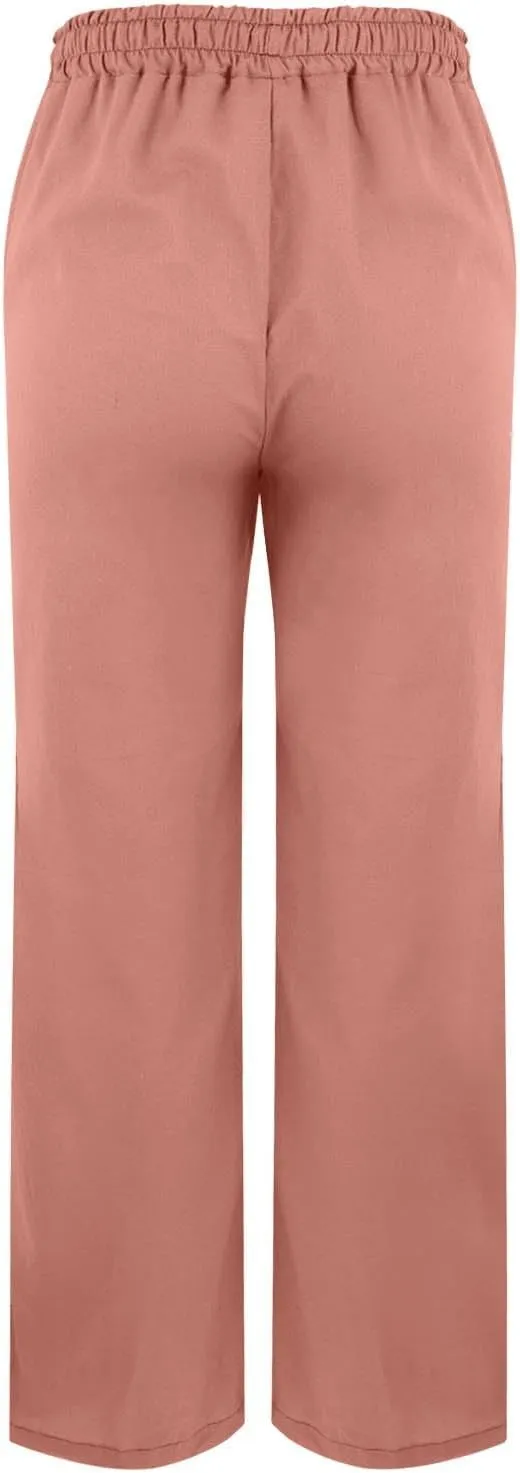 Cotton Linen Women Casual Lightweight Drawstring Elastic Waist Pants with Pockets Straight Long Leg Lounge Summer