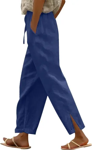 Cotton Linen Women Casual Lightweight Drawstring Elastic Waist Pants with Pockets Straight Long Leg Lounge Summer