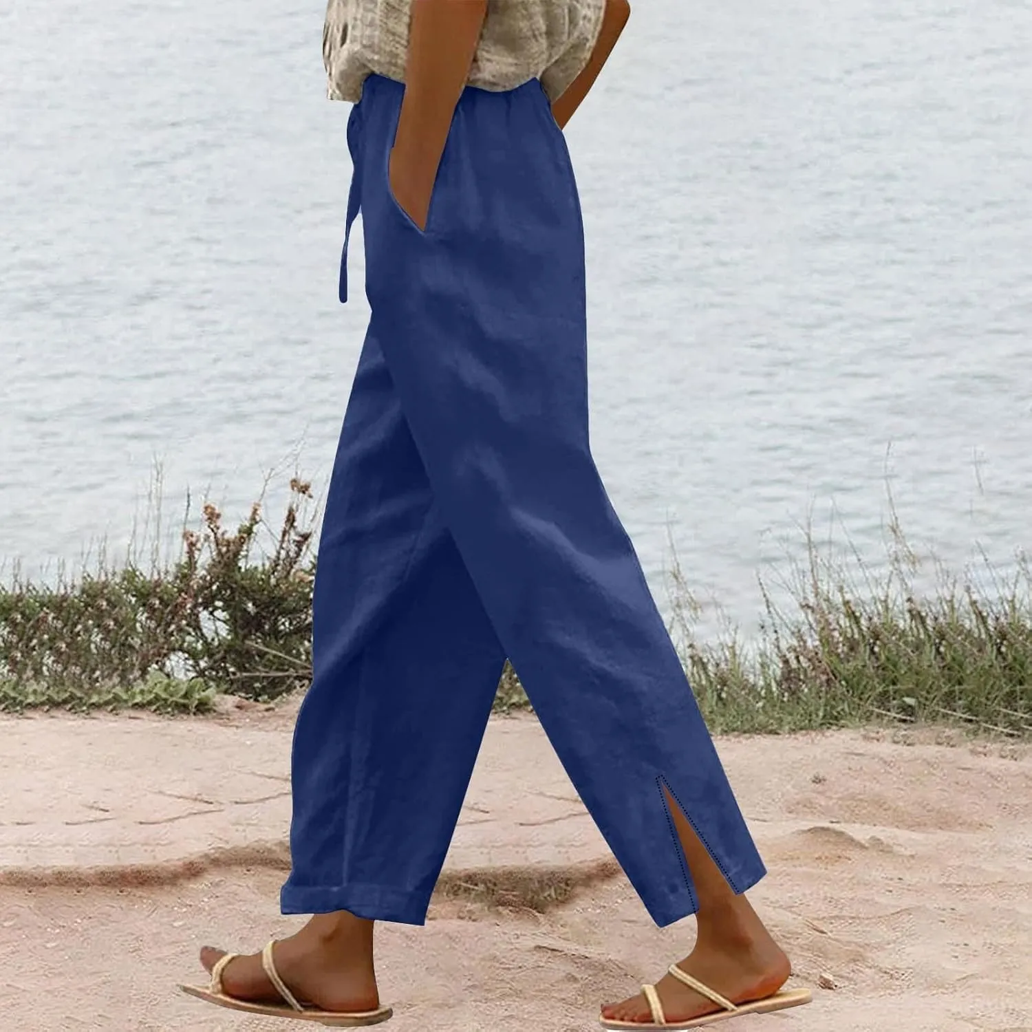Cotton Linen Women Casual Lightweight Drawstring Elastic Waist Pants with Pockets Straight Long Leg Lounge Summer