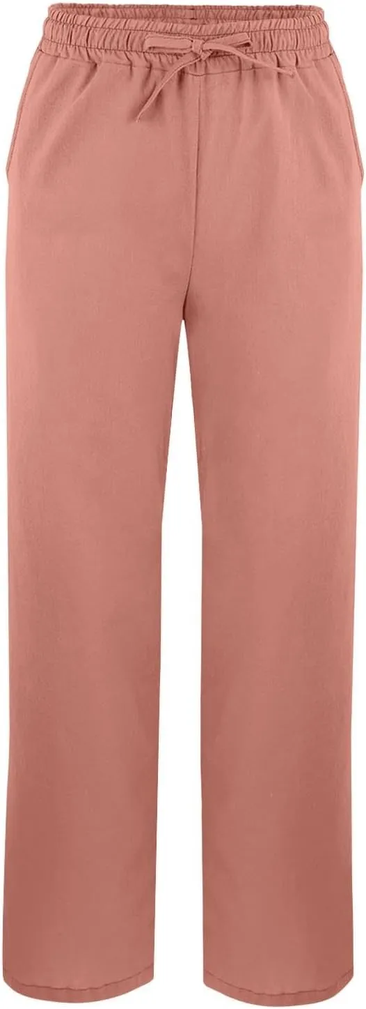 Cotton Linen Women Casual Lightweight Drawstring Elastic Waist Pants with Pockets Straight Long Leg Lounge Summer