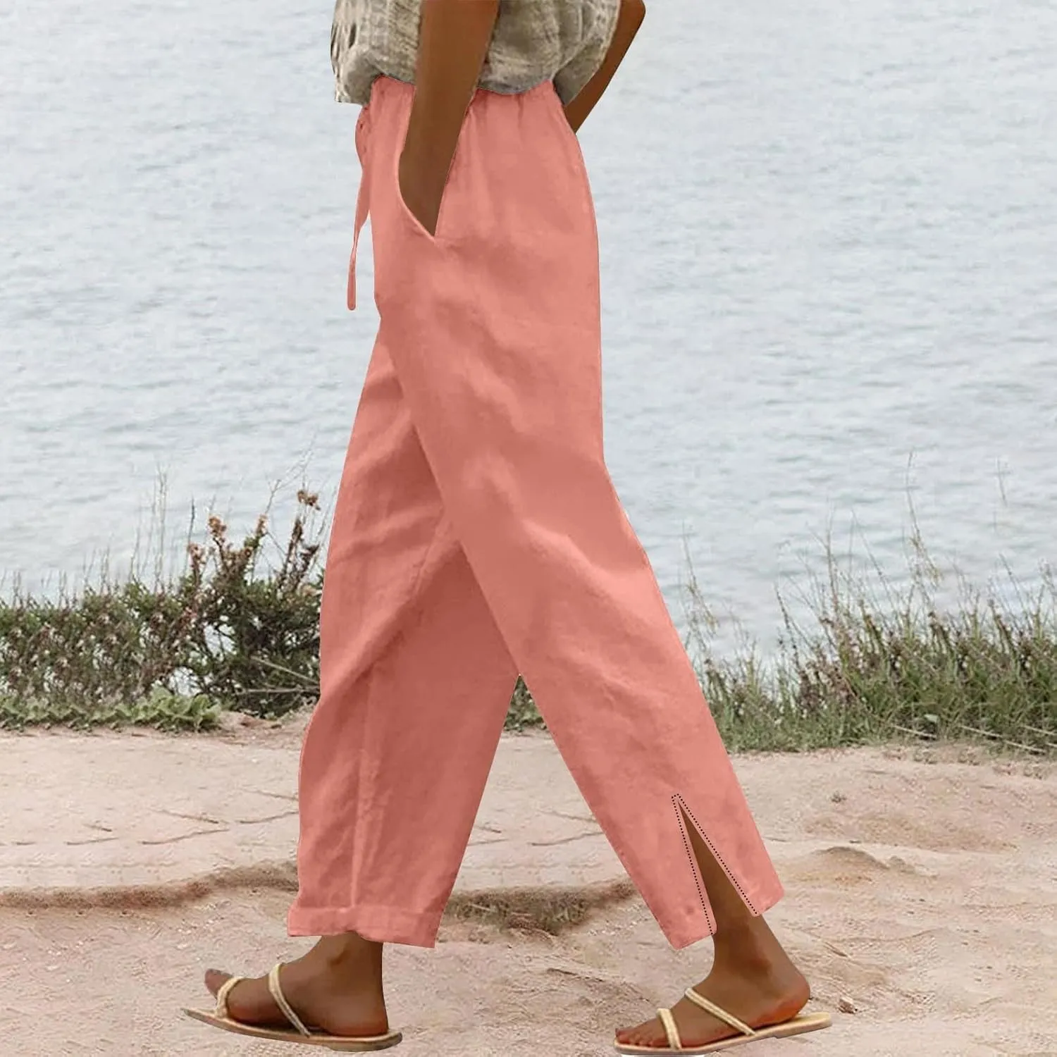 Cotton Linen Women Casual Lightweight Drawstring Elastic Waist Pants with Pockets Straight Long Leg Lounge Summer