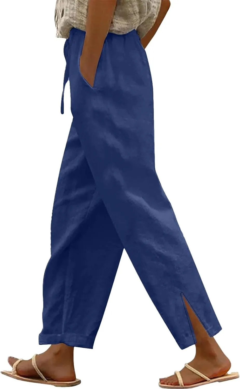 Cotton Linen Women Casual Lightweight Drawstring Elastic Waist Pants with Pockets Straight Long Leg Lounge Summer