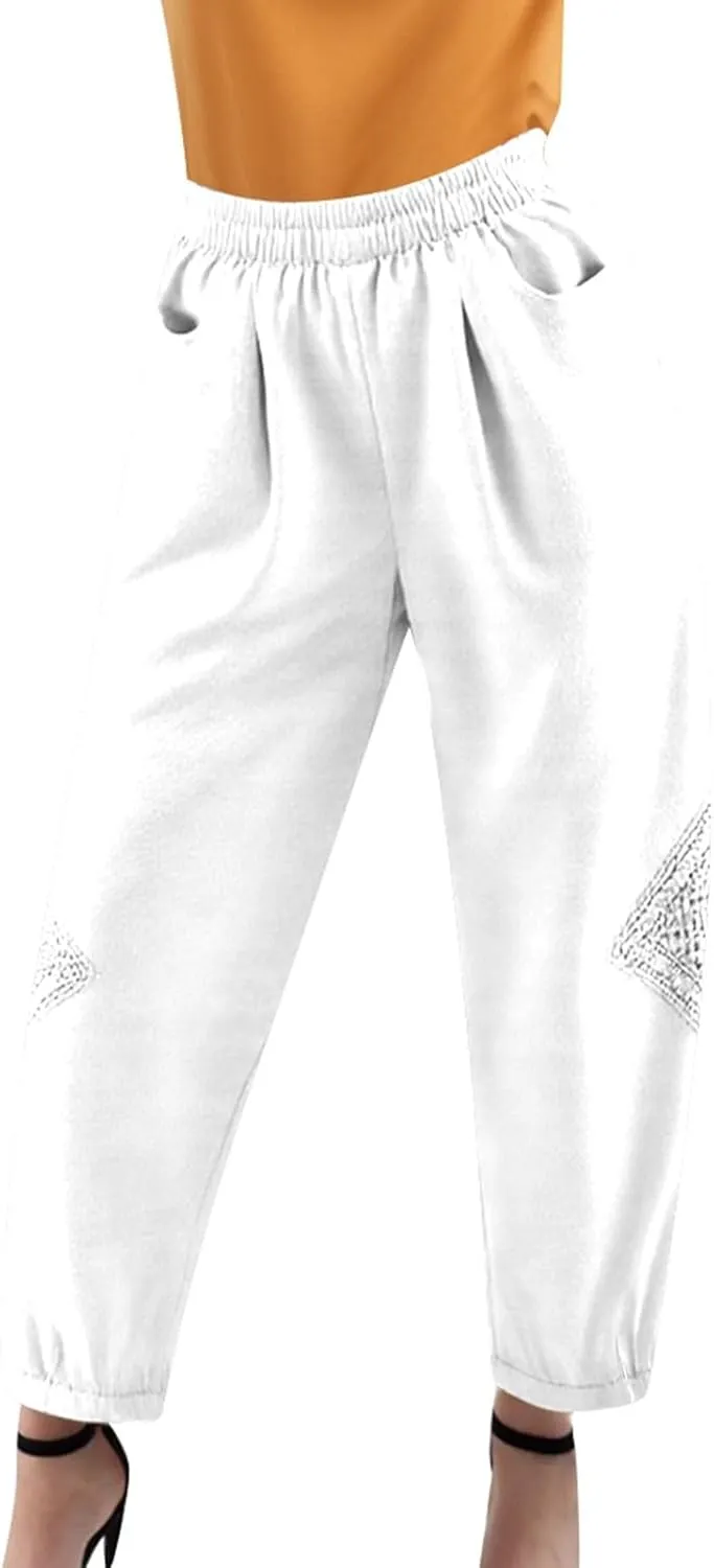 Cropped Linen Pants Women Loose Elastic Waist Wide Leg Harem Pants Loose Casual Trousers Lightweight Spring Summer Outfits