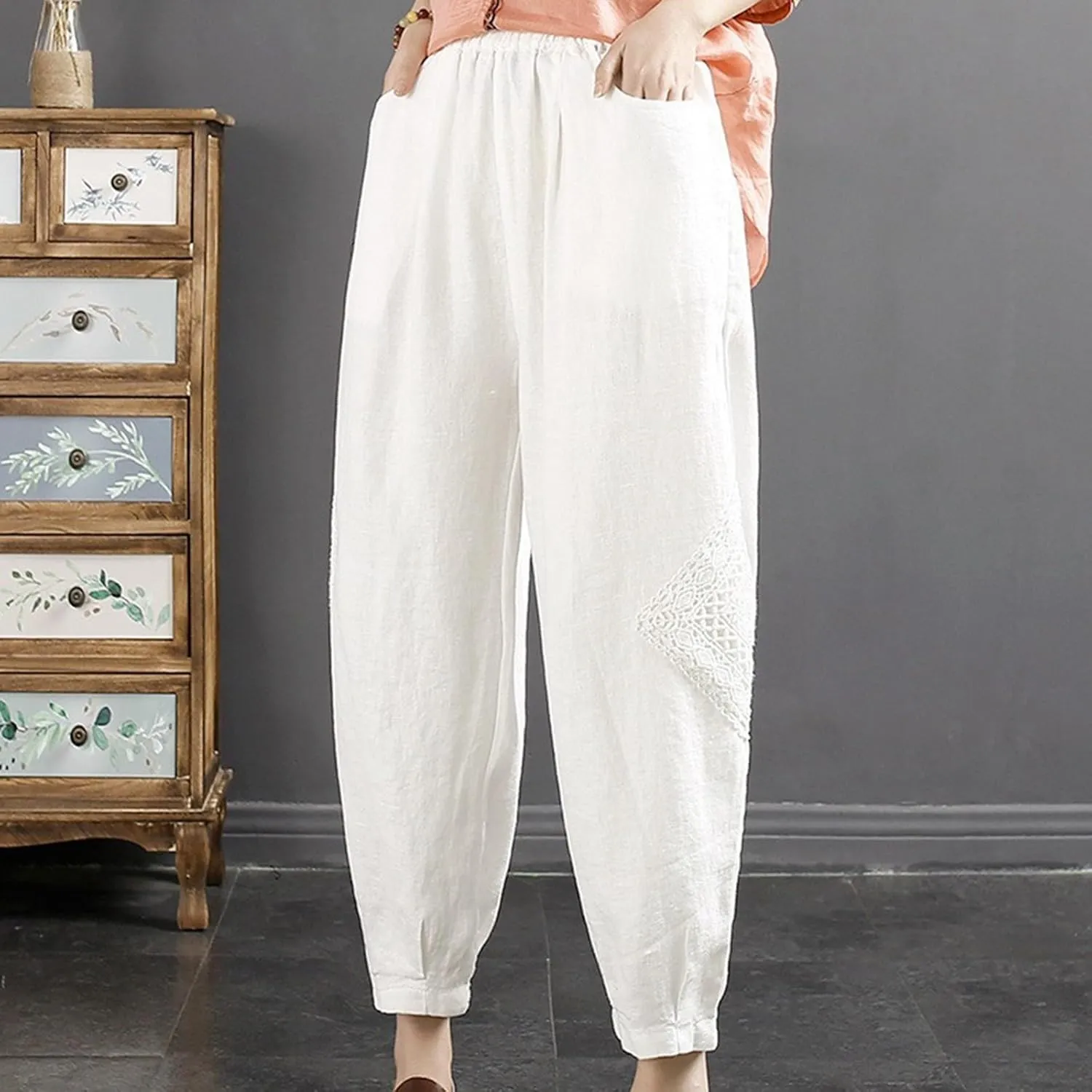 Cropped Linen Pants Women Loose Elastic Waist Wide Leg Harem Pants Loose Casual Trousers Lightweight Spring Summer Outfits
