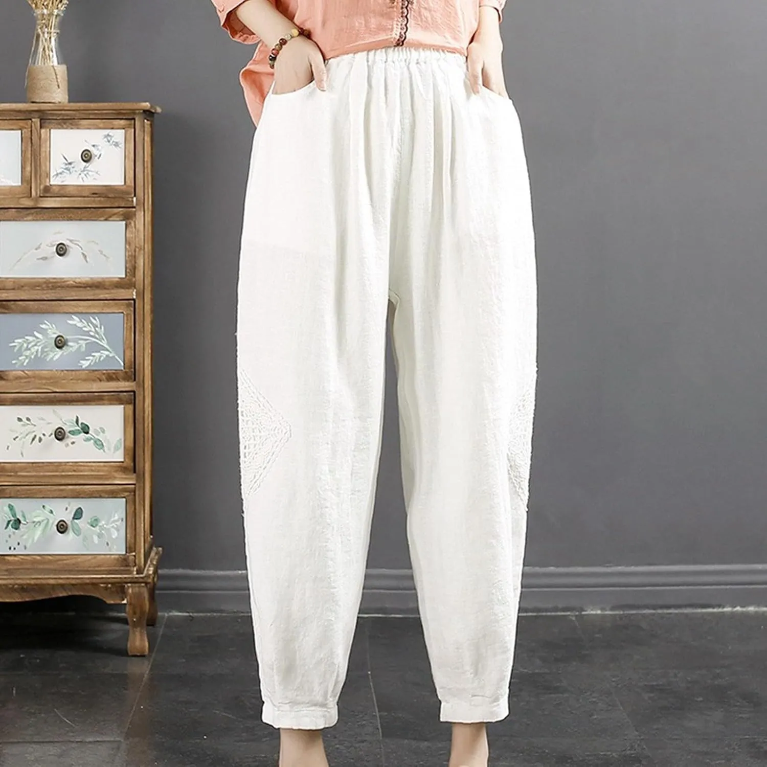Cropped Linen Pants Women Loose Elastic Waist Wide Leg Harem Pants Loose Casual Trousers Lightweight Spring Summer Outfits