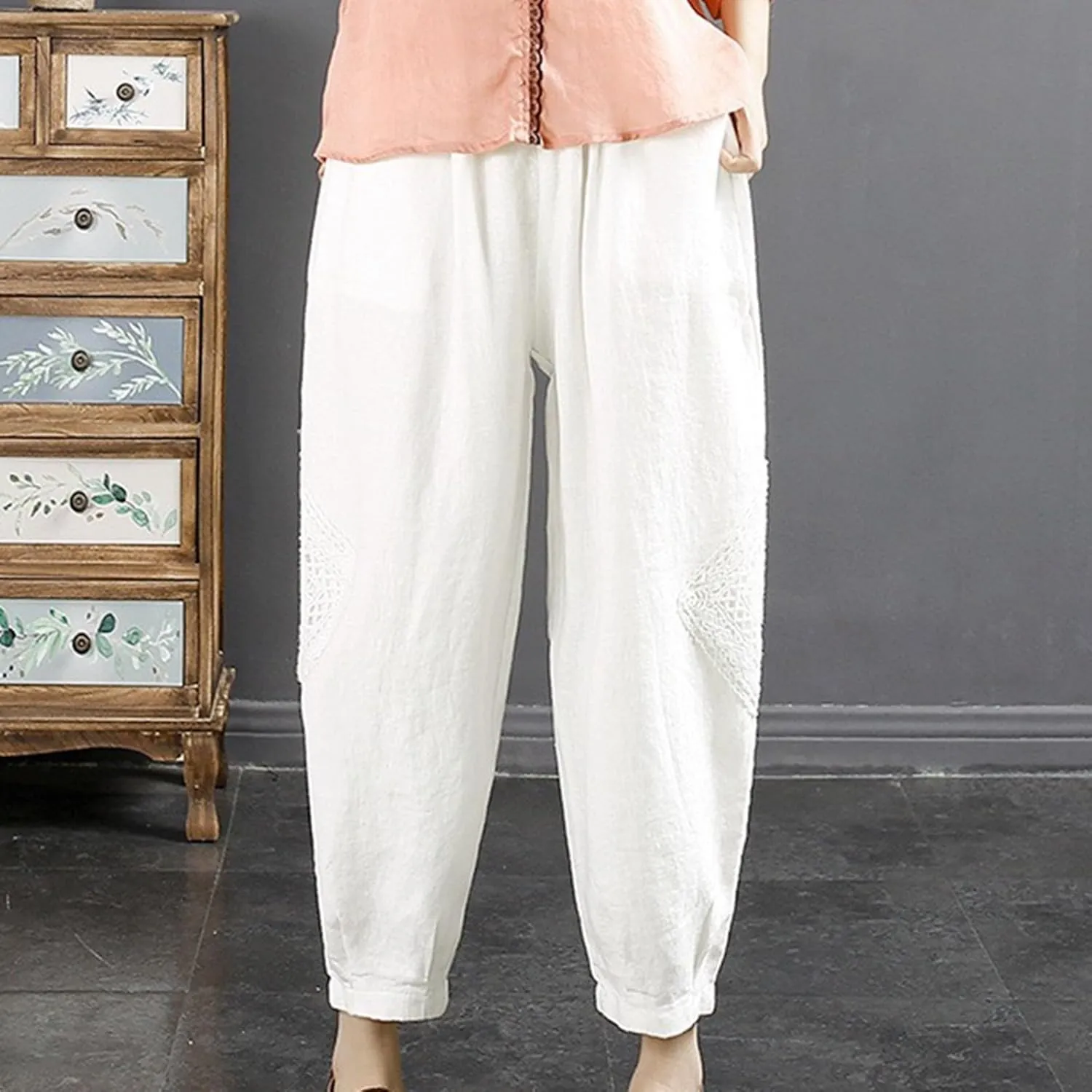 Cropped Linen Pants Women Loose Elastic Waist Wide Leg Harem Pants Loose Casual Trousers Lightweight Spring Summer Outfits