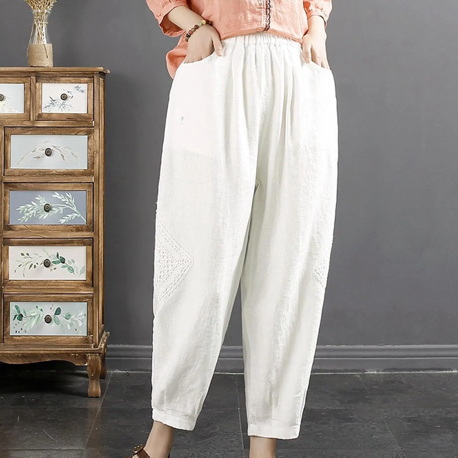 Cropped Linen Pants Women Loose Elastic Waist Wide Leg Harem Pants Loose Casual Trousers Lightweight Spring Summer Outfits