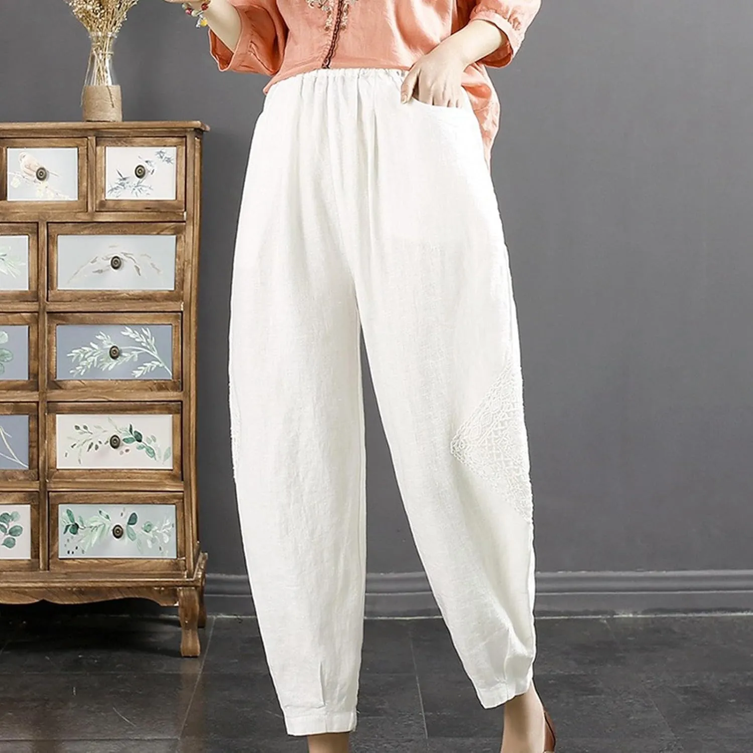 Cropped Linen Pants Women Loose Elastic Waist Wide Leg Harem Pants Loose Casual Trousers Lightweight Spring Summer Outfits