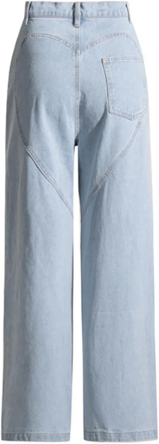 Cut Out Jeans for Women Straight Leg High Waisted Ripped Rhinestone Pearl Beaded Denim Pants