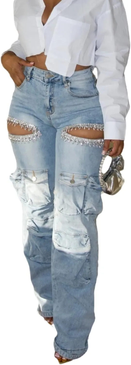 Cut Out Jeans for Women Straight Leg High Waisted Ripped Rhinestone Pearl Beaded Denim Pants