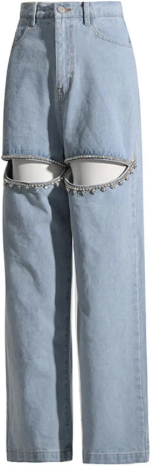 Cut Out Jeans for Women Straight Leg High Waisted Ripped Rhinestone Pearl Beaded Denim Pants