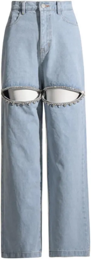 Cut Out Jeans for Women Straight Leg High Waisted Ripped Rhinestone Pearl Beaded Denim Pants