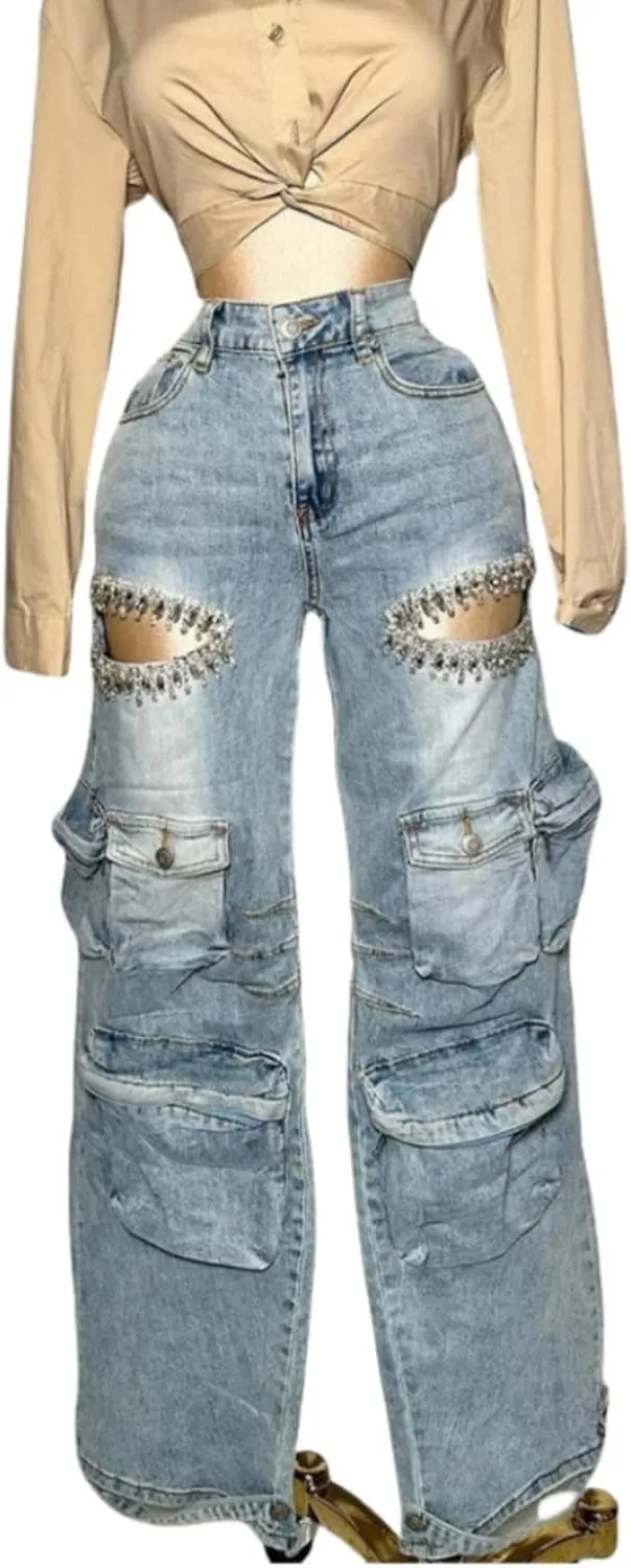 Cut Out Jeans for Women Straight Leg High Waisted Ripped Rhinestone Pearl Beaded Denim Pants
