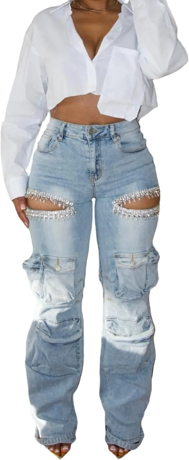 Cut Out Jeans for Women Straight Leg High Waisted Ripped Rhinestone Pearl Beaded Denim Pants