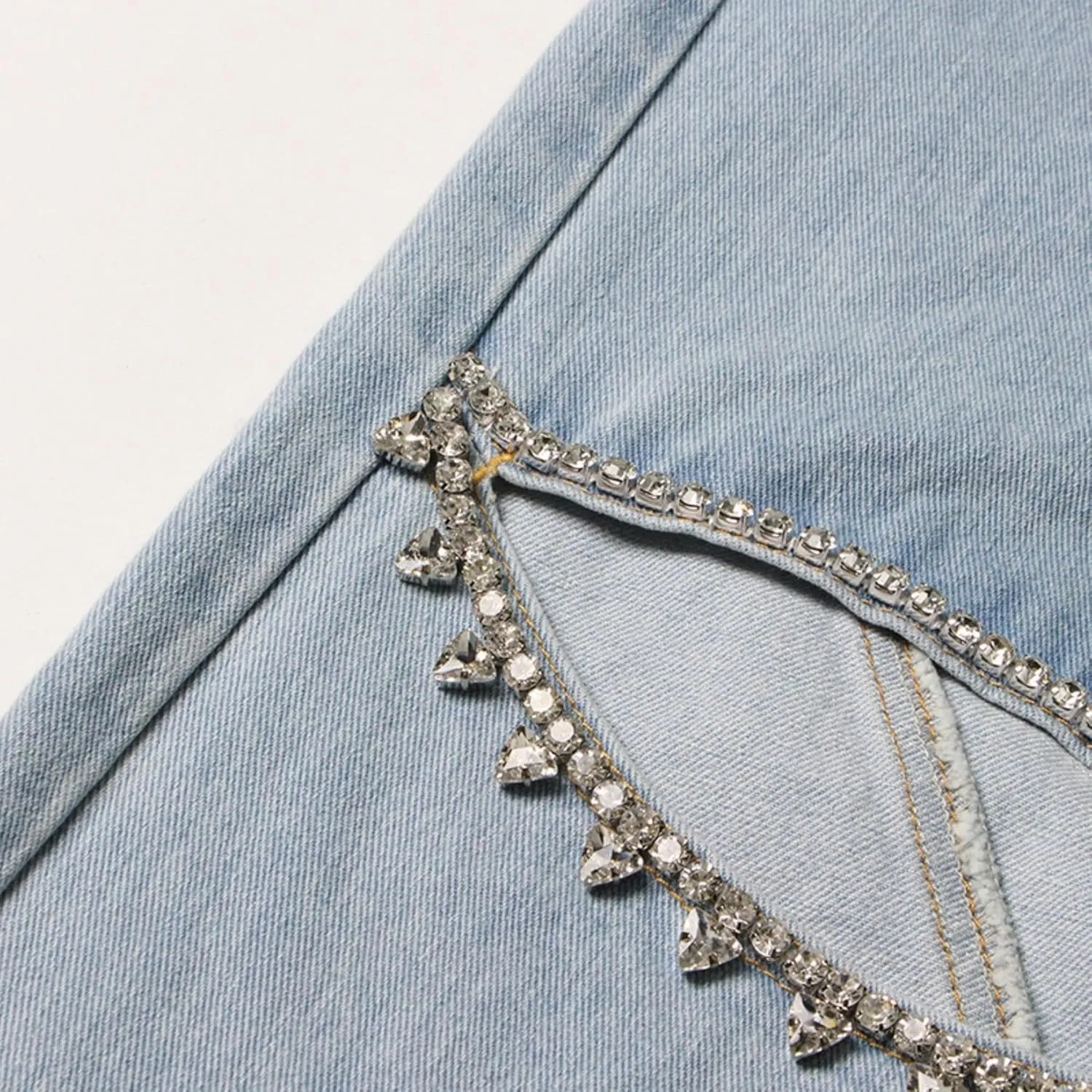 Cut Out Jeans for Women Straight Leg High Waisted Ripped Rhinestone Pearl Beaded Denim Pants