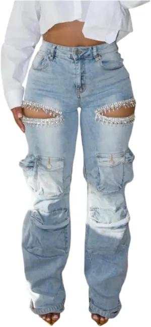 Cut Out Jeans for Women Straight Leg High Waisted Ripped Rhinestone Pearl Beaded Denim Pants