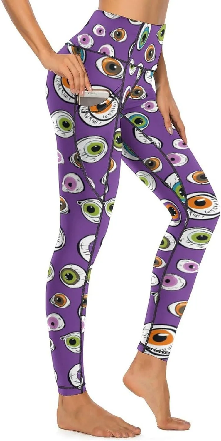 Cute Eyeball Pattern Women's Leggings with Pockets Yoga Pants High Waisted Tummy Control Workout Pant