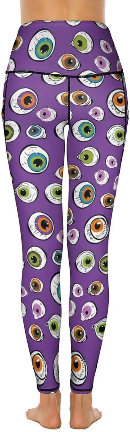 Cute Eyeball Pattern Women's Leggings with Pockets Yoga Pants High Waisted Tummy Control Workout Pant