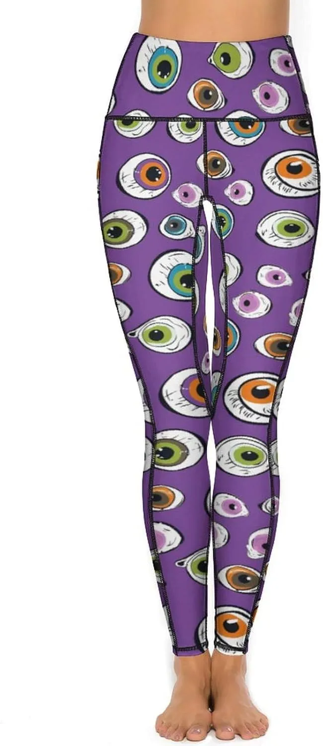 Cute Eyeball Pattern Women's Leggings with Pockets Yoga Pants High Waisted Tummy Control Workout Pant