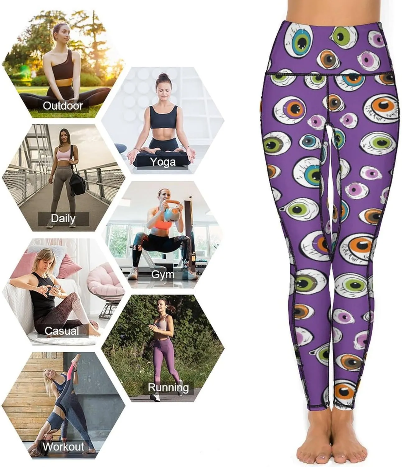 Cute Eyeball Pattern Women's Leggings with Pockets Yoga Pants High Waisted Tummy Control Workout Pant