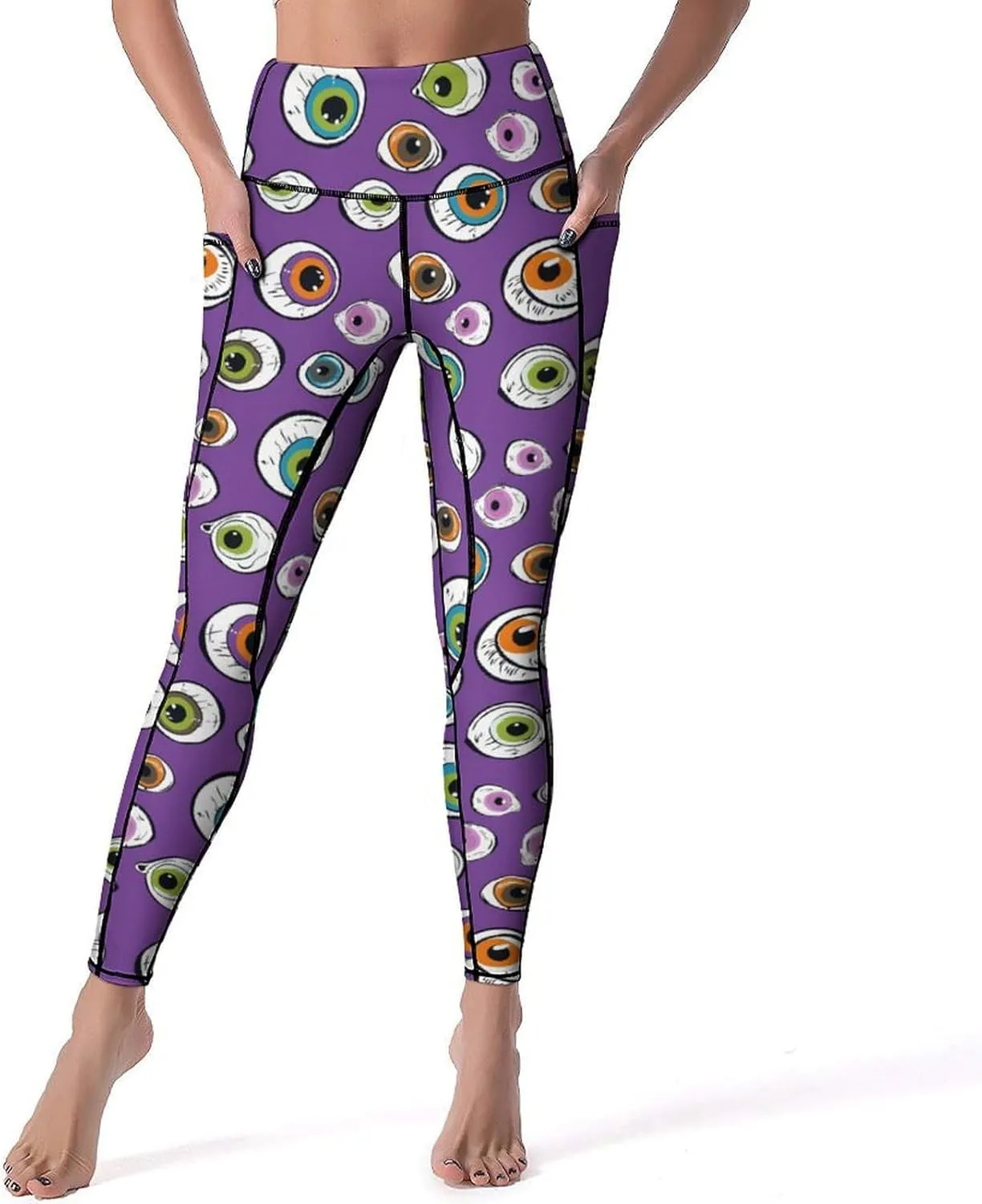 Cute Eyeball Pattern Women's Leggings with Pockets Yoga Pants High Waisted Tummy Control Workout Pant