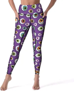 Cute Eyeball Pattern Women's Leggings with Pockets Yoga Pants High Waisted Tummy Control Workout Pant