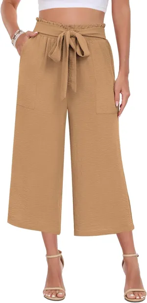 DILIUXING Capri Pants for Women Tie Waist Wide Leg Casual Pants with Pockets Lightweight High-Waist Loose Trousers