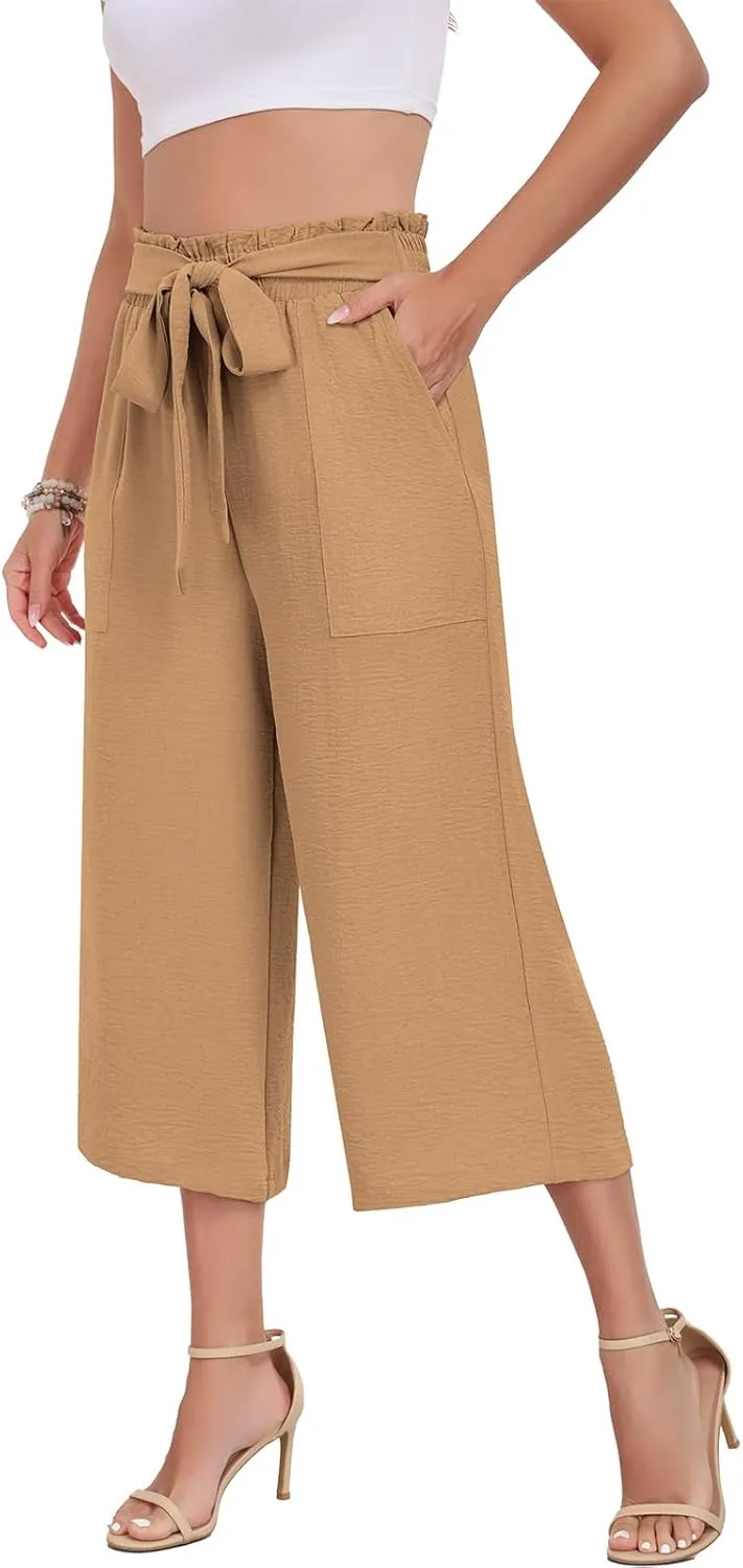DILIUXING Capri Pants for Women Tie Waist Wide Leg Casual Pants with Pockets Lightweight High-Waist Loose Trousers