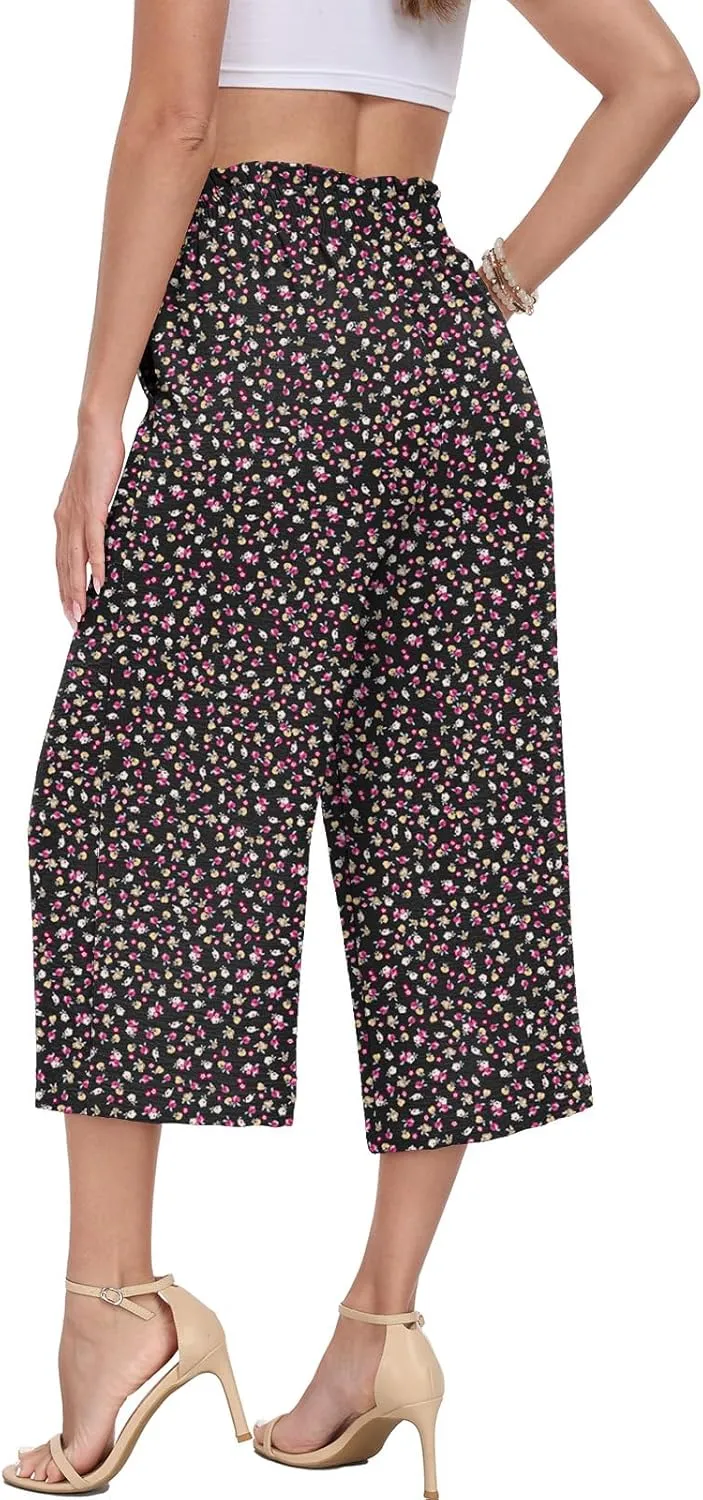 DILIUXING Capri Pants for Women Tie Waist Wide Leg Casual Pants with Pockets Lightweight High-Waist Loose Trousers