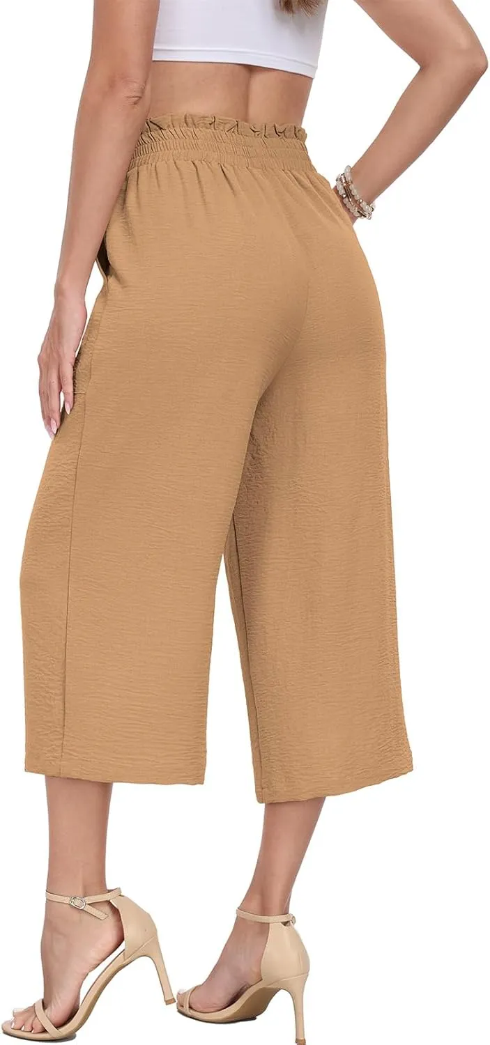 DILIUXING Capri Pants for Women Tie Waist Wide Leg Casual Pants with Pockets Lightweight High-Waist Loose Trousers