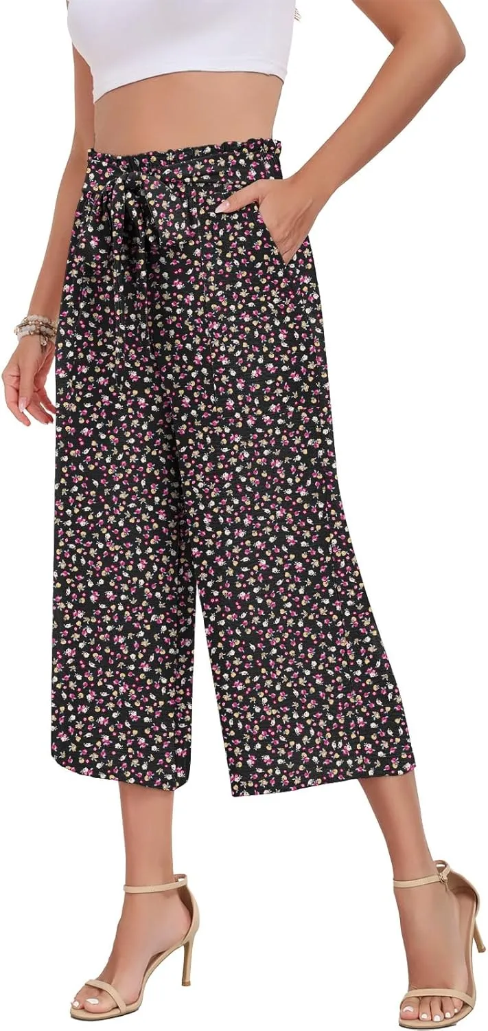 DILIUXING Capri Pants for Women Tie Waist Wide Leg Casual Pants with Pockets Lightweight High-Waist Loose Trousers