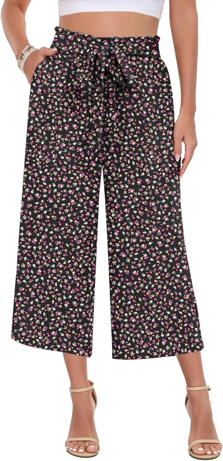 DILIUXING Capri Pants for Women Tie Waist Wide Leg Casual Pants with Pockets Lightweight High-Waist Loose Trousers