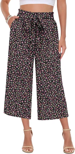 DILIUXING Capri Pants for Women Tie Waist Wide Leg Casual Pants with Pockets Lightweight High-Waist Loose Trousers