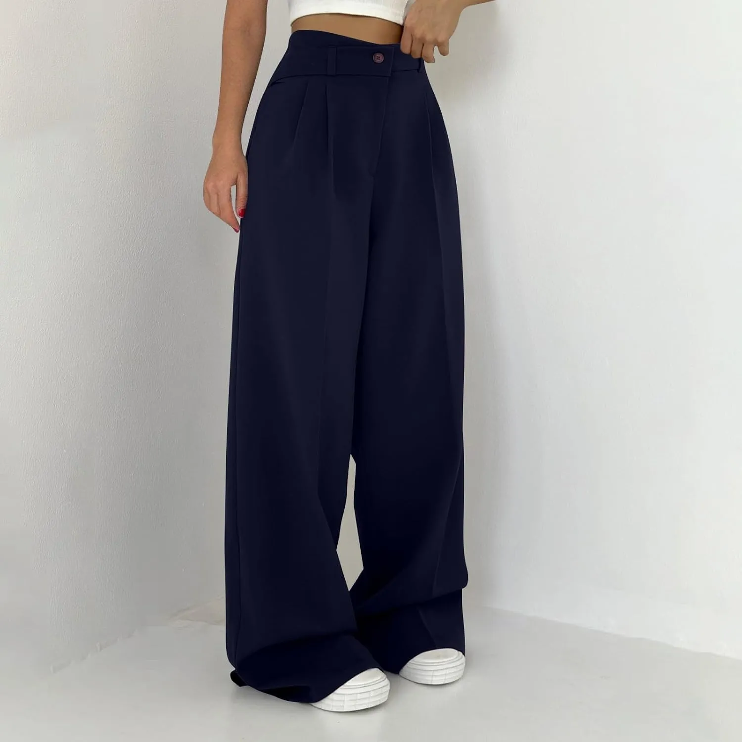 Dress Suit Pants for Women Flat Front Pleated High Waist Wide Leg Trousers Casual Loose Fit Breathable Business Pants