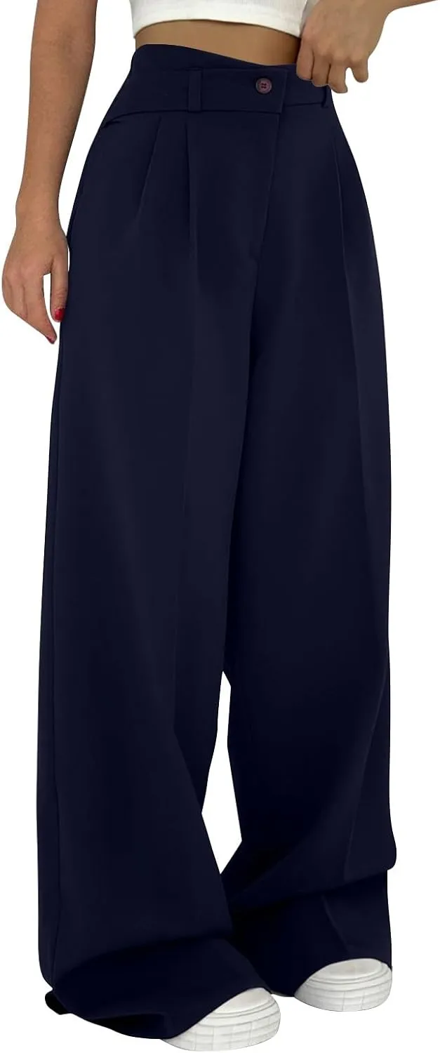 Dress Suit Pants for Women Flat Front Pleated High Waist Wide Leg Trousers Casual Loose Fit Breathable Business Pants