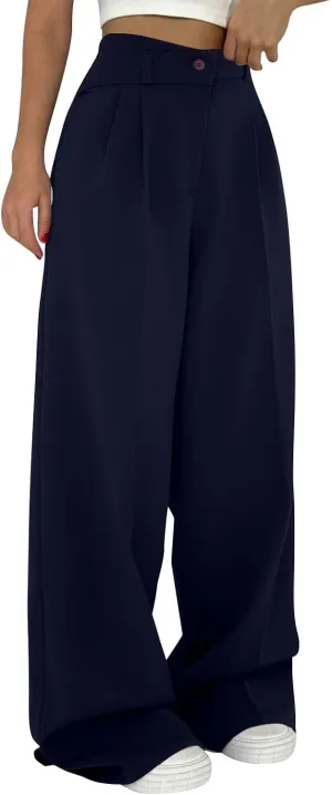 Dress Suit Pants for Women Flat Front Pleated High Waist Wide Leg Trousers Casual Loose Fit Breathable Business Pants